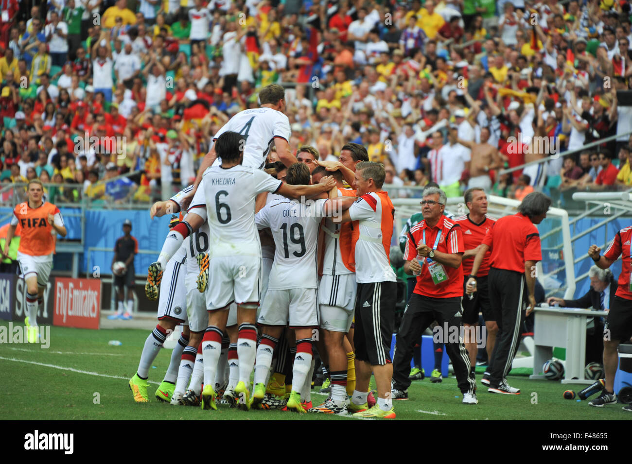 Deutsche Mannschaft Torjubel im, Deutschand vs. Portugal (4:0), WM 2014, Salvador da Bahia, Brasilien. Sólo para uso editorial. Foto de stock