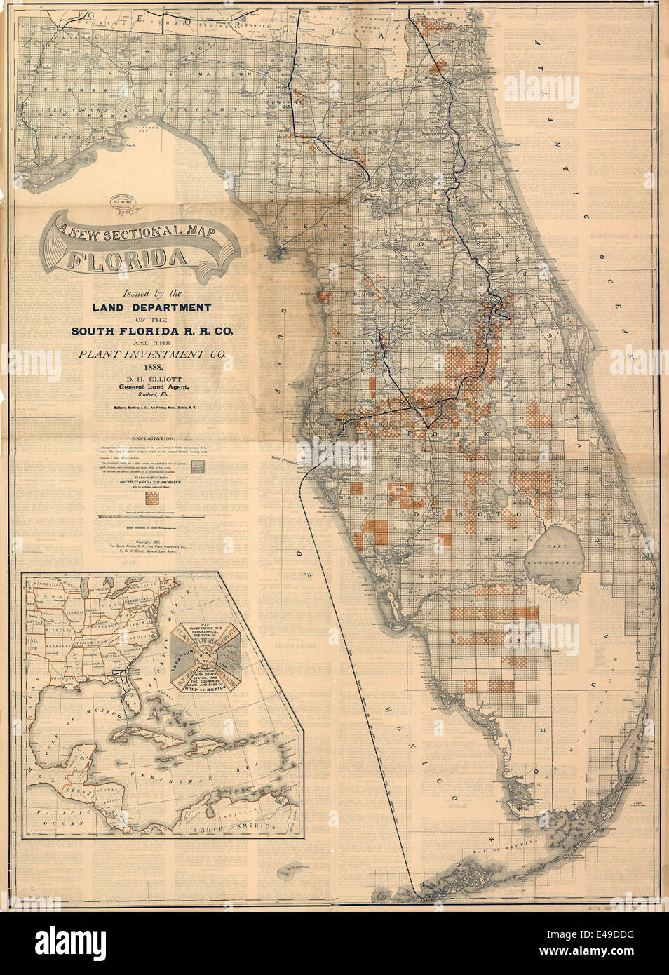 Un nuevo mapa seccional de la Florida emitida por el departamento de tierras del sur de la Florida R. R. Co. y la planta 1888 Investment Co. Foto de stock