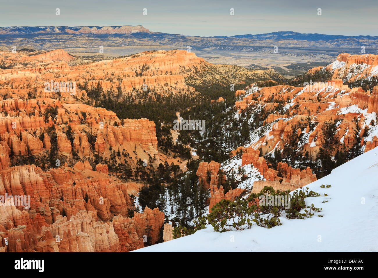 Hoodoos, acantilados, vegetación y vista lejana con nieve, Inspiration Point, Bryce Canyon National Park, Utah, EE.UU. Foto de stock