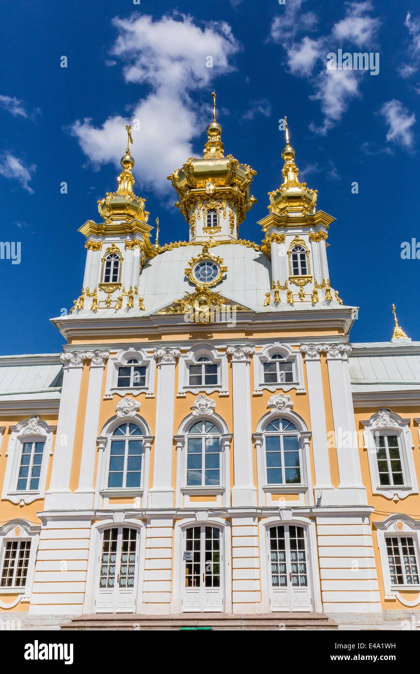 Vista exterior de Peterhof, el Palacio de Pedro el Grande, San Petersburgo, Rusia, Europa Foto de stock