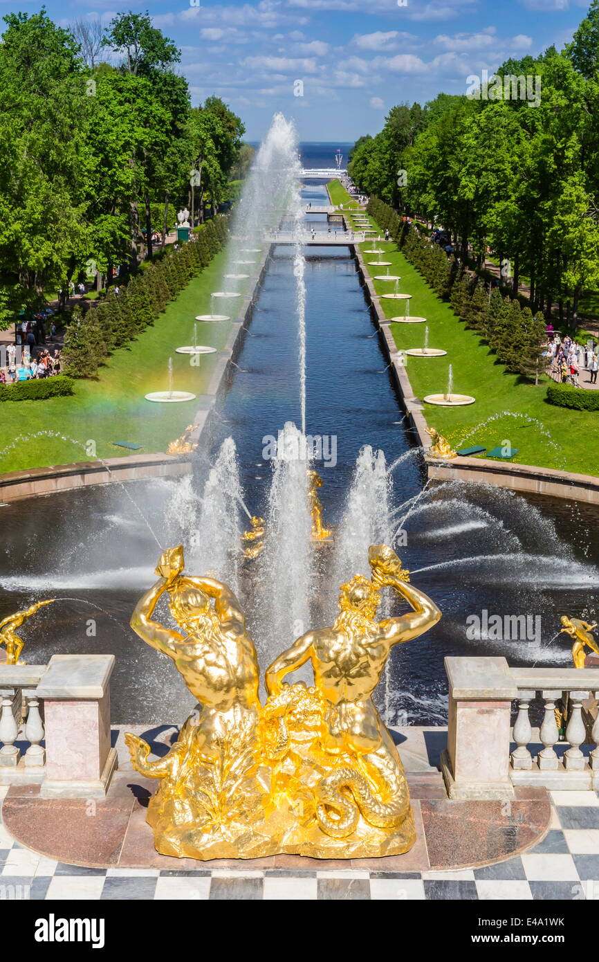 La gran cascada de Peterhof, el Palacio de Pedro el Grande, San Petersburgo, Rusia, Europa Foto de stock