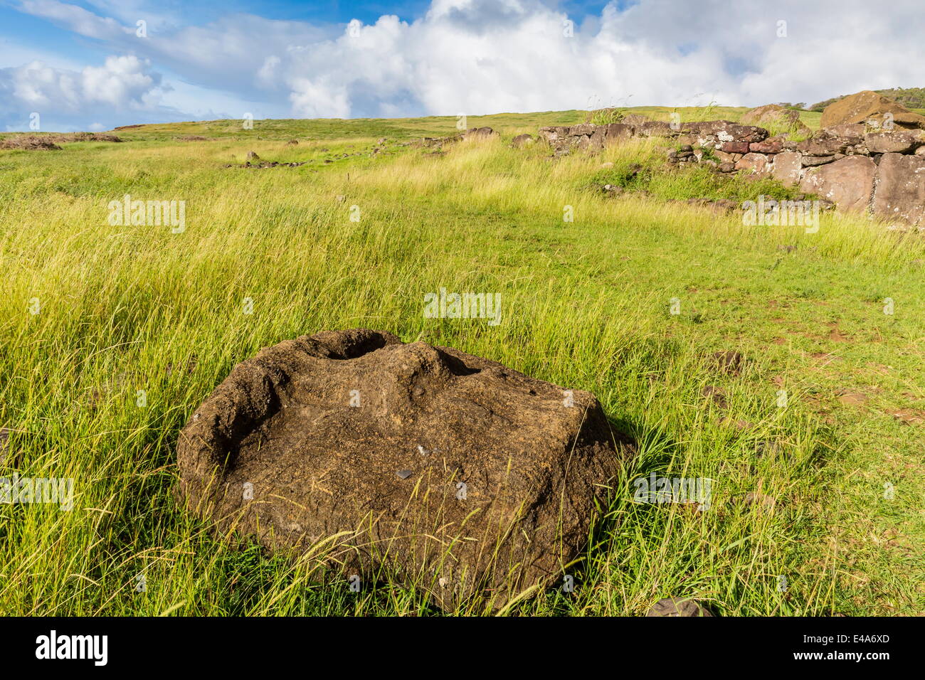Cabeza de moai caídos en el sitio arqueológico de Ahu Vinapu, Parque Nacional Rapa Nui, la UNESCO, la Isla de Pascua (Isla de Pascua), Chile Foto de stock