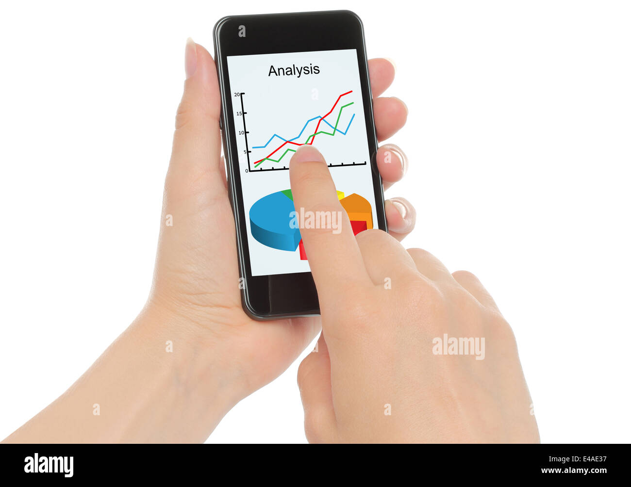 Mantenga las manos smart phone con gráficos sobre fondo blanco. Foto de stock