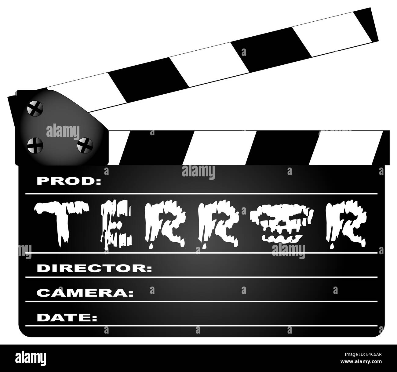 Una típica película clapperboard con la leyenda terror aislado en blanco. Foto de stock