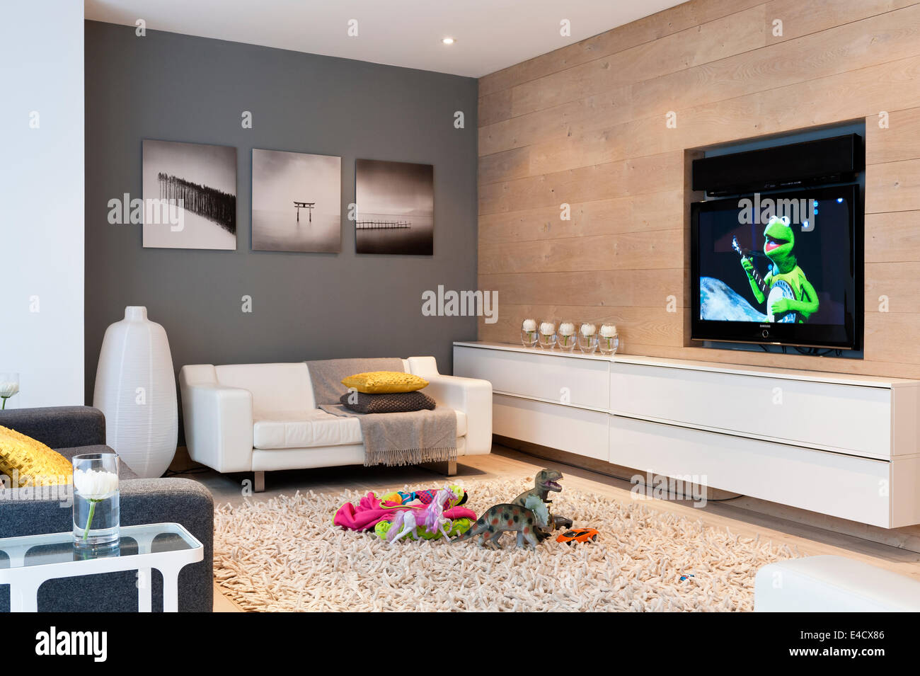 Copias fotográficas en blanco y negro de Hokkaido en Japón en la pared de la sala con paredes con paneles de roble francés Foto de stock