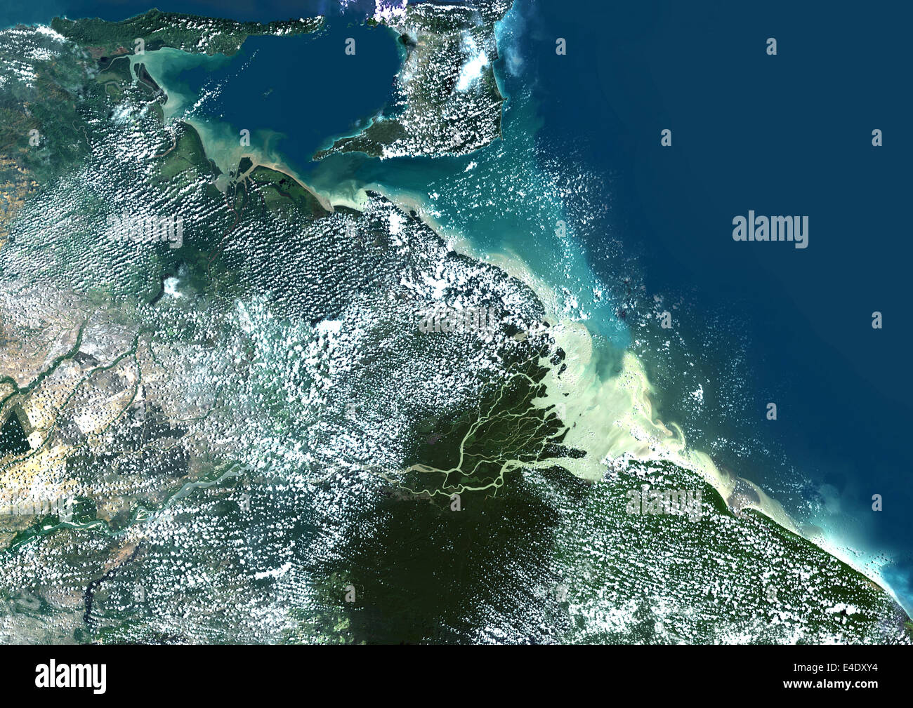 El Delta del Orinoco, Venezuela, Imagen de satélite de color verdadero. True color imagen de satélite del Delta del Orinoco en Venezuela oriental, Th Foto de stock