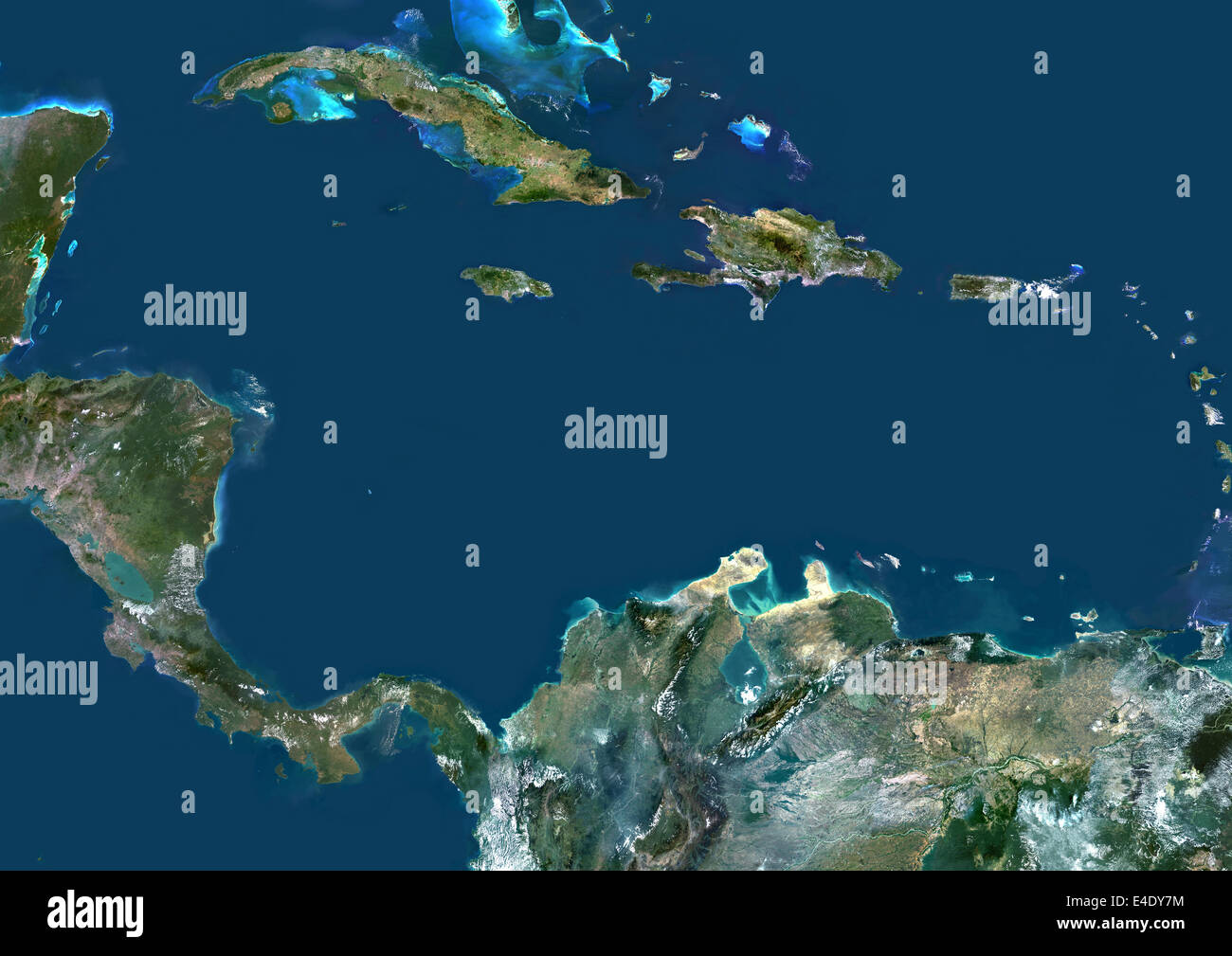 Mar Caribe, América Central, Imagen de satélite de color verdadero. True color imagen satelital del Mar Caribe. Se limita a Foto de stock