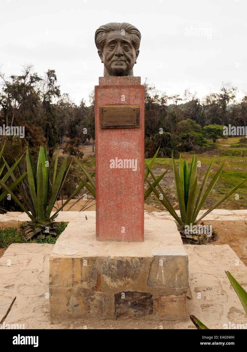 Busto de Julio C. Tello Rojas, padre de la arqueología peruana, en el sitio arqueológico de Pachacamac - Lima, Perú Foto de stock