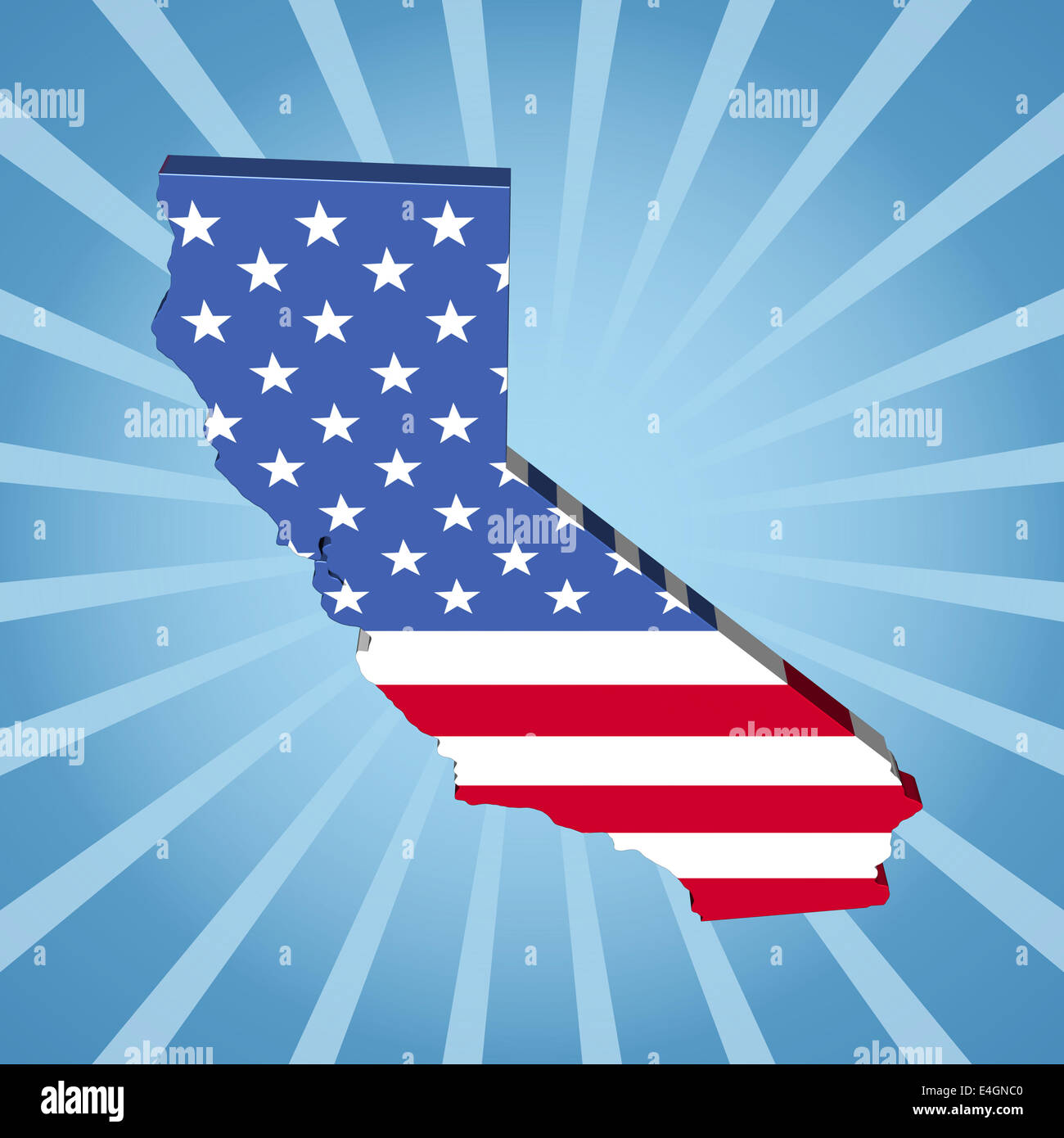 Mapa de California sobre la bandera azul sunburst ilustración Foto de stock
