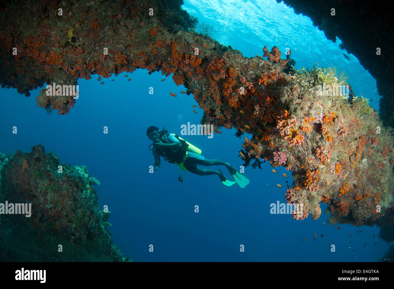 Diver fuera una cueva submarina Foto de stock