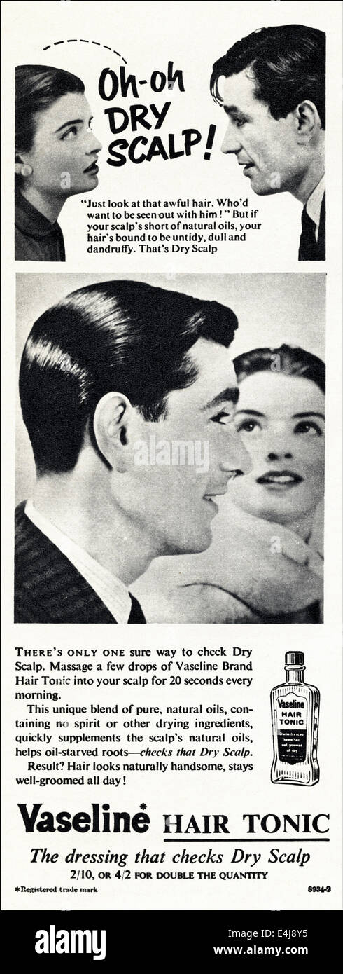 1950 Anuncio para la vaselina tónico para el cabello de los hombres en la  revista británica fechado en agosto de 1956 Fotografía de stock - Alamy