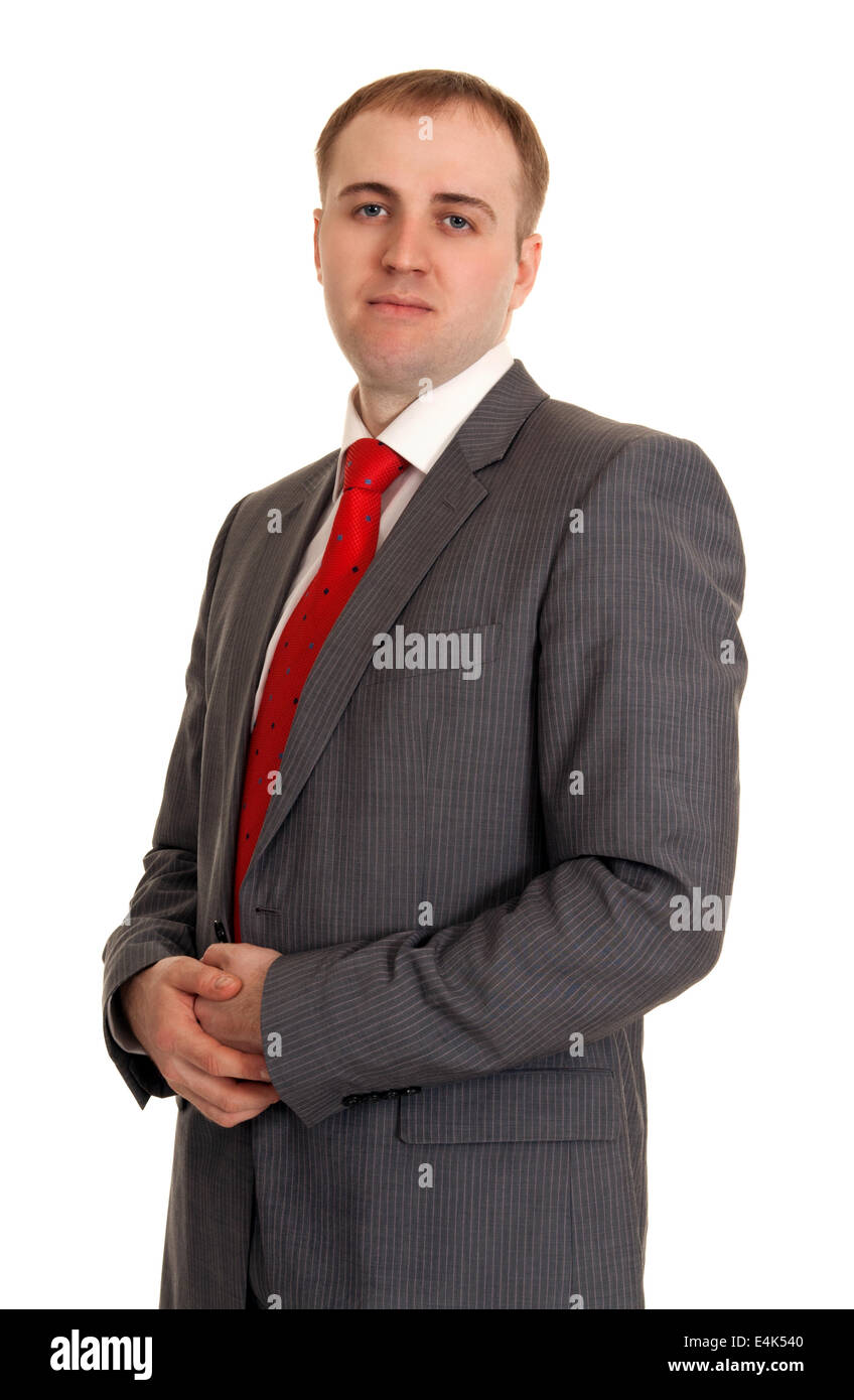 Hombre en un traje gris y corbata roja Fotografía de stock - Alamy