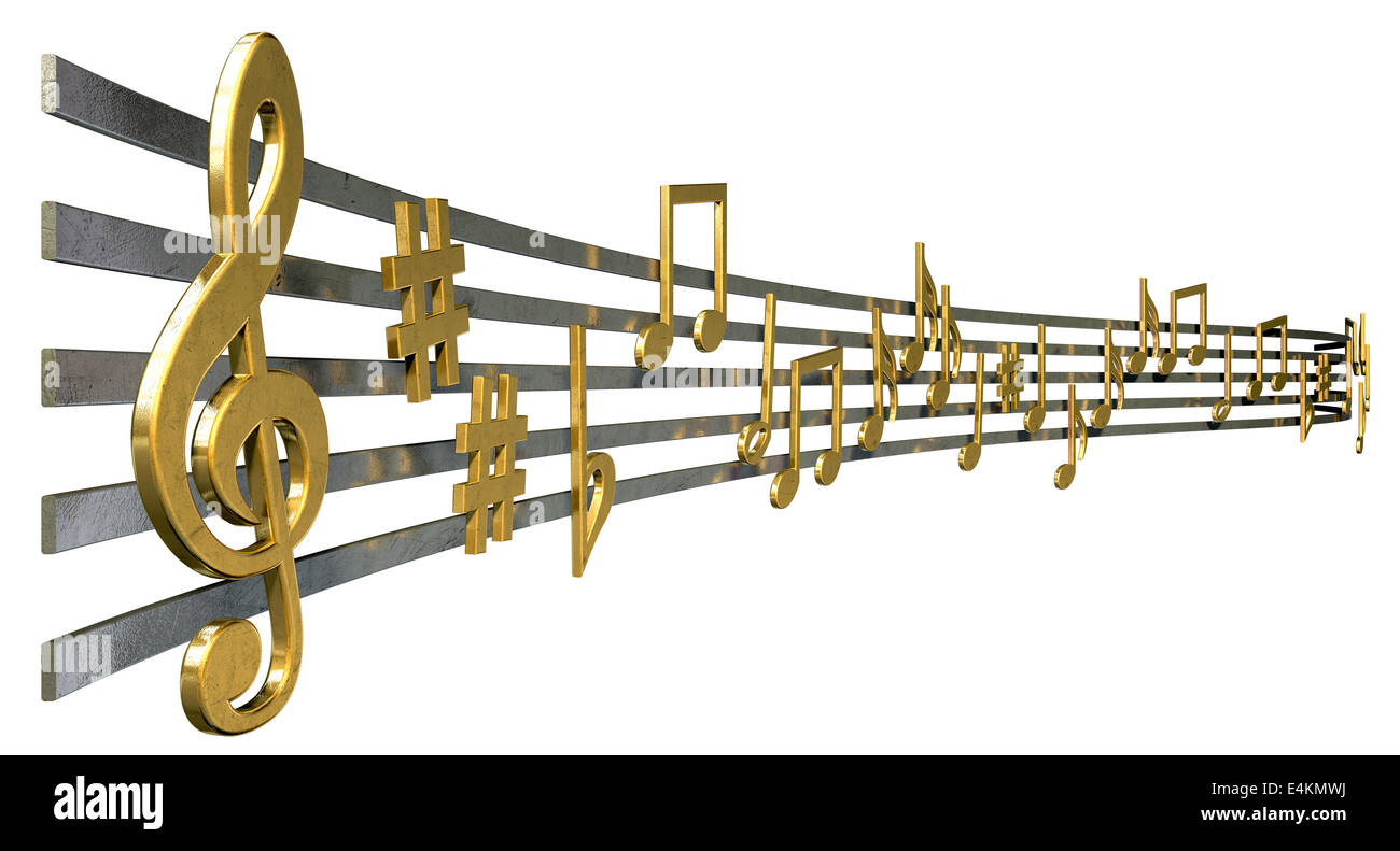 Un concepto que muestra símbolos de música metálica de oro literal y notas  sobre las cinco líneas octava ondulada sobre un fondo blanco aislado  Fotografía de stock - Alamy