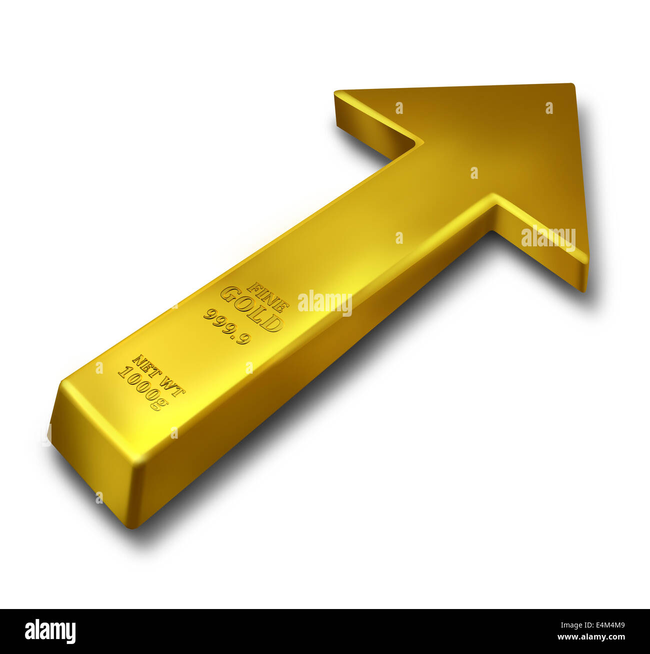Concepto de negocio aumento de oro y productos básicos aumento de precio símbolo como una barra de color amarillo en forma de objetos de metal precioso como una flecha hacia arriba sobre un fondo blanco. Foto de stock