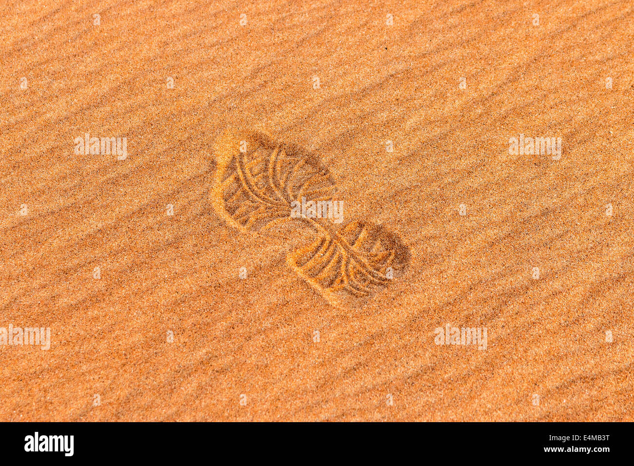 Impresión de zapata en la arena del desierto multicolor fuera de Dubai, EAU. La arena del desierto en el Oriente Medio viene en siete colores, que van desde la li Foto de stock