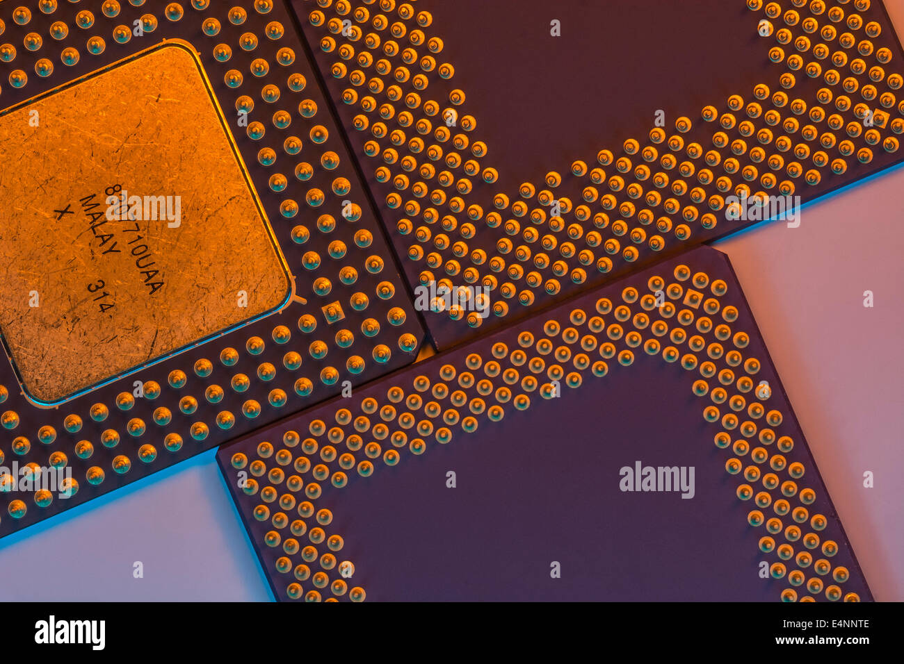 Legado Intel / AMD procesadores de PC mostrando oro escalonados pinout (PGA) arreglos de los diferentes diseños. Foto de stock