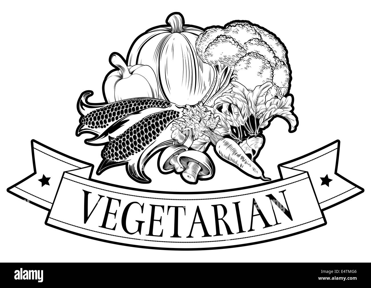 Las etiquetas de los alimentos vegetarianos de verduras frescas y texto leyendo vegetariano Foto de stock