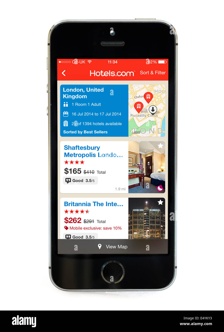 El sitio Hotels.com app en un Apple iPhone 5S, UK Foto de stock