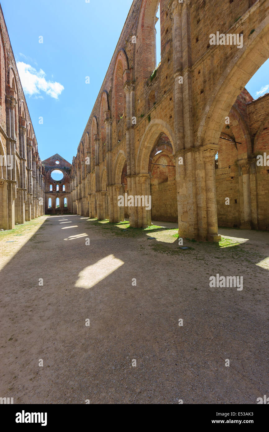 El complejo monumental de San Galgano se eleva aproximadamente a 30 km al oeste de Siena, en la frontera con la provincia de Gross Foto de stock