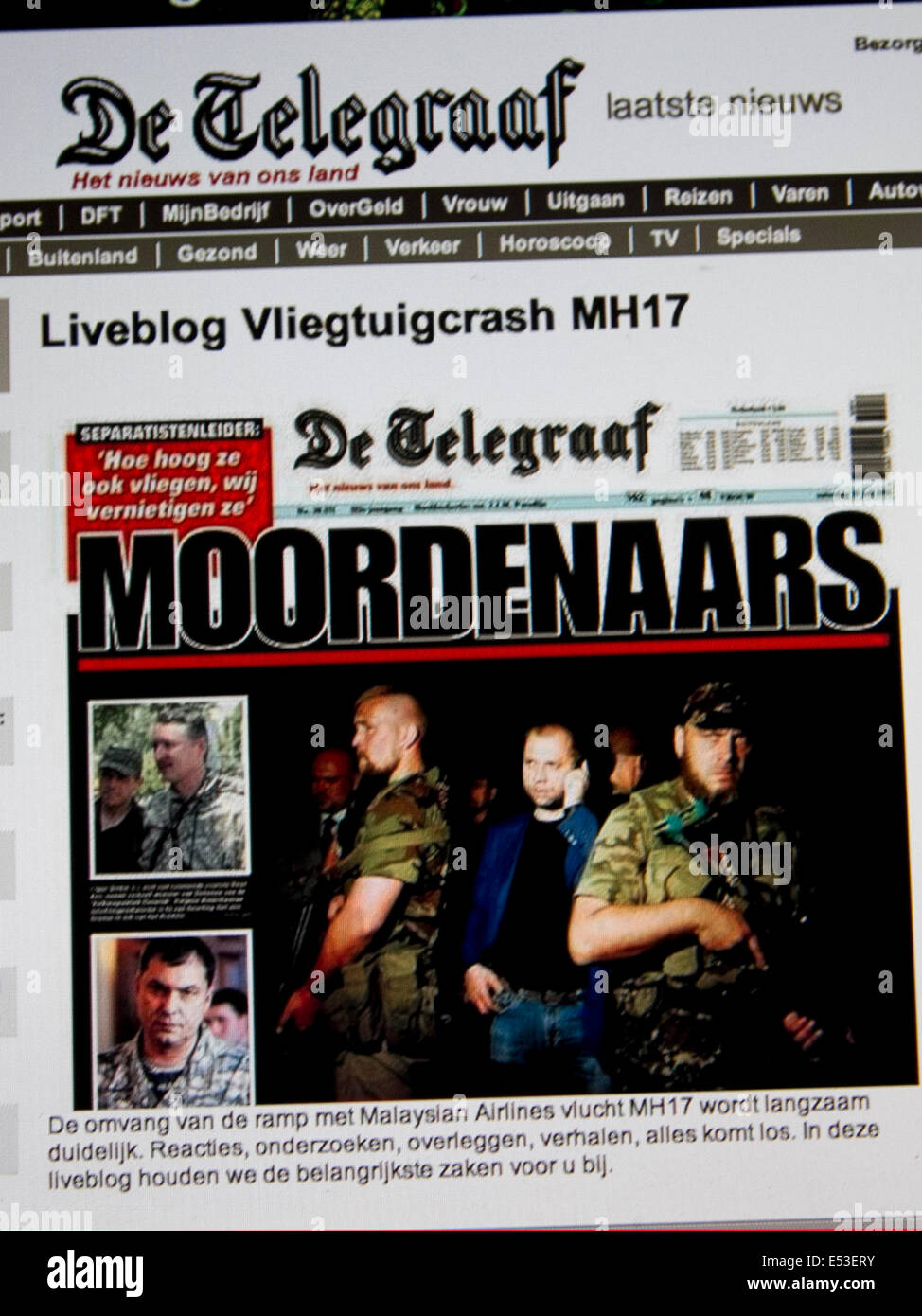 Londres, Reino Unido. El 19 de julio de 2014. La cobertura de la prensa neerlandesa lucha malasio MH17 que fue derribado en Ucrania oriental se cobró la vida de 192 ciudadanos holandeses Crédito: amer ghazzal/Alamy Live News Foto de stock