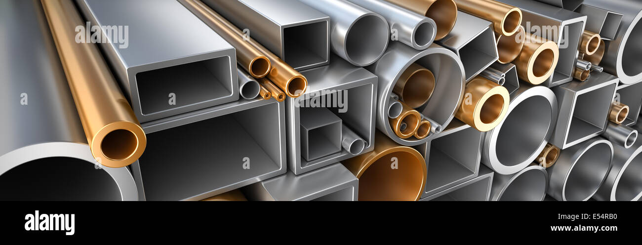 Diferentes rectangular, redondo y cuadrado del tubo y tubo, hecho de cobre  y metales. Ilustración 3d industrial Fotografía de stock - Alamy
