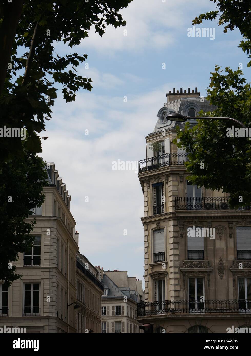 Típicas casas y edificios de París con balcón enmarcado por árboles de verano Foto de stock