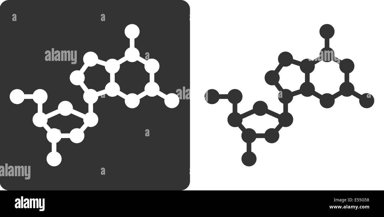 Deoxyguanosine (dG) Bloque de construcción del ADN, el estilo de icono de plano. Oxígeno, átomos de carbono y de nitrógeno se muestra como círculos; Foto de stock