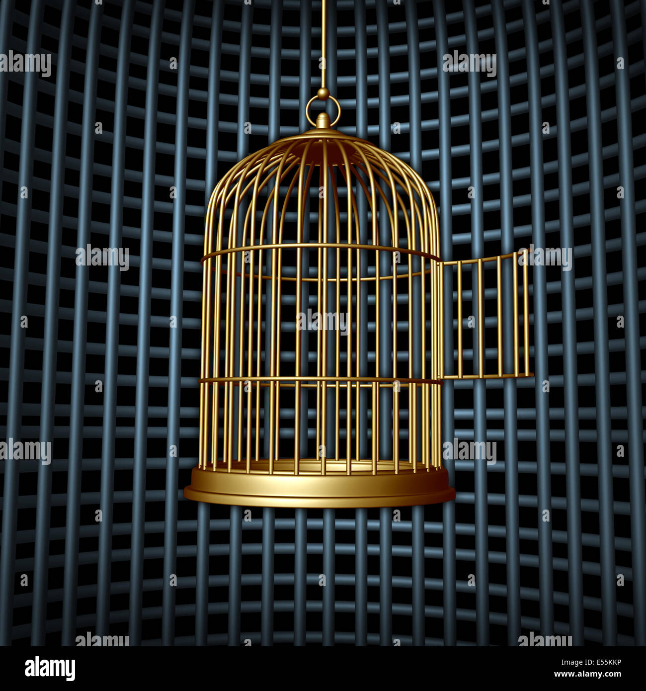 Falsa libertad y limita la libertad como un concepto abierto bird cage dentro de una jaula grande o en la cárcel como una conspiración en concepto de derechos Foto de stock