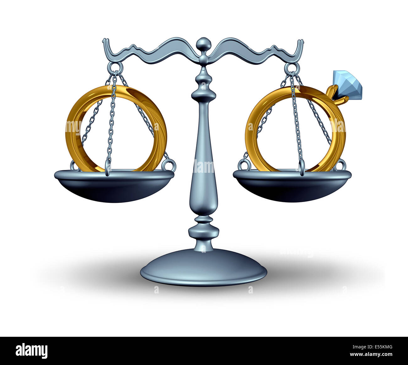 Acuerdo prematrimonial y ley de divorcio concepto como una escala de justicia con anillos de boda como símbolo de una relación contrato antes de un matrimonio o unión civil o a divorciar. Foto de stock