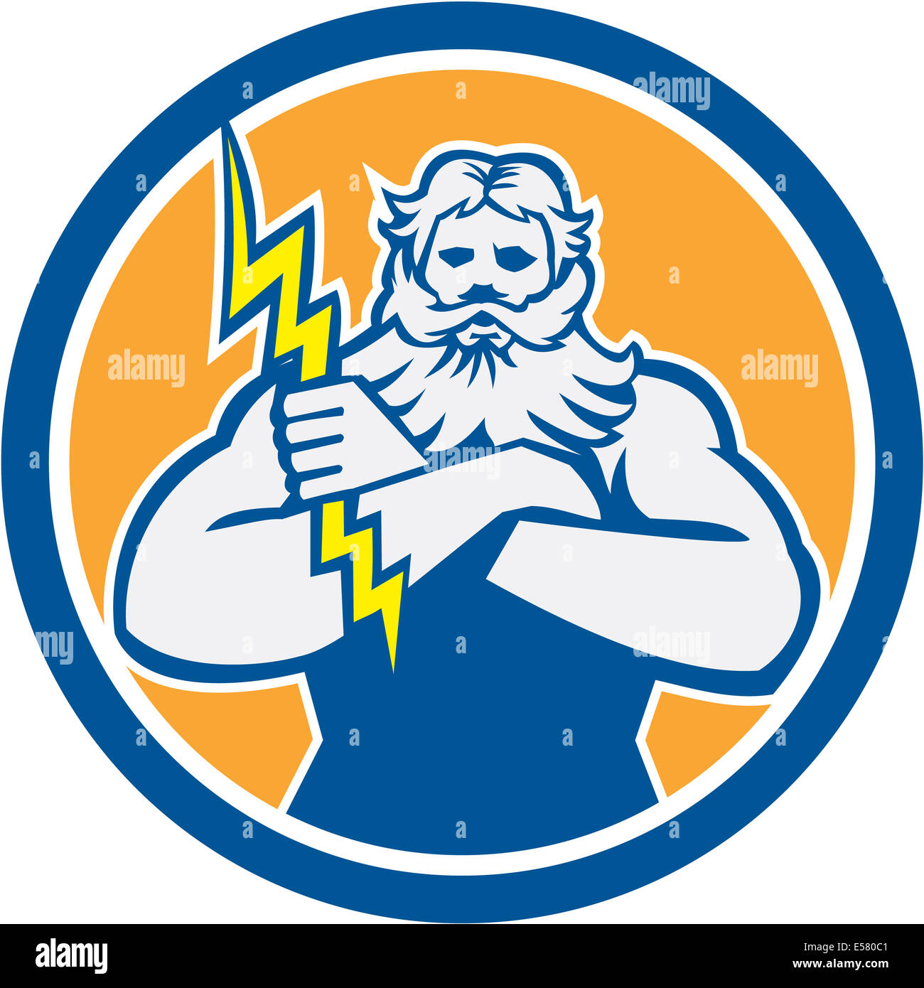 Ilustración de Zeus griego cruzar los brazos sosteniendo thunderbolt establecido dentro del círculo de antecedentes aislados de este estilo retro. Foto de stock