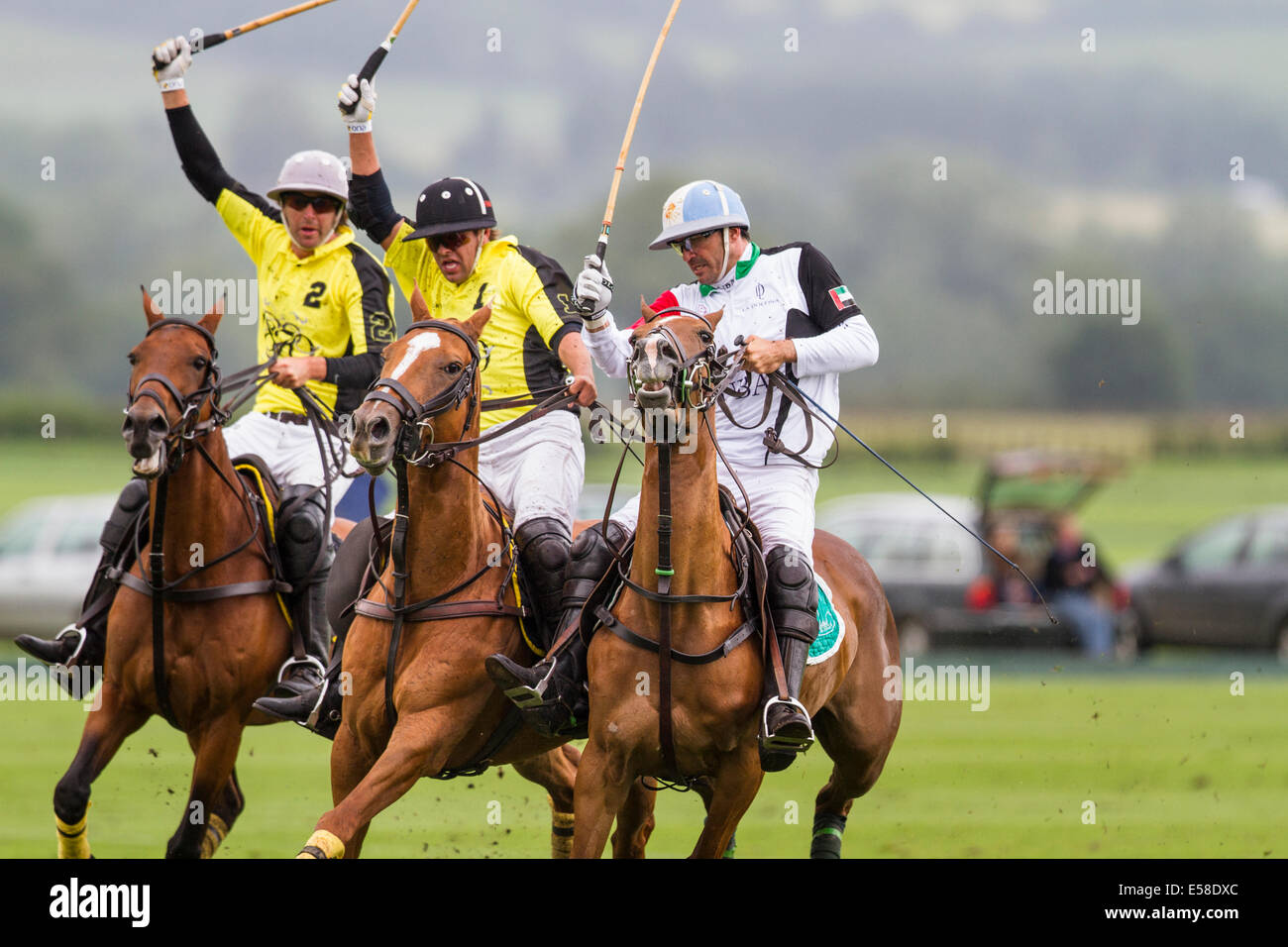 Número uno mundial, jugador de polo, Adolfo Cambiaso compite en un juego contra humedad y suciedad Cortium Dubai durante la Copa de Oro de polo Foto de stock