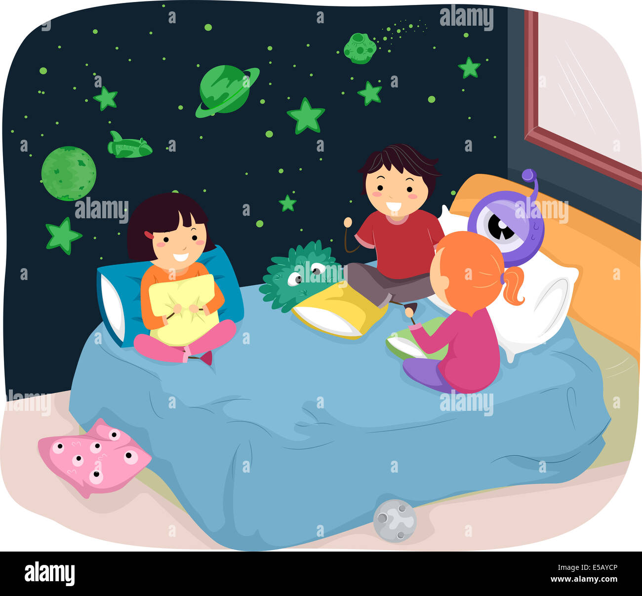 Ilustración de los niños en una habitación con pegatinas que brilla en la oscuridad Foto de stock