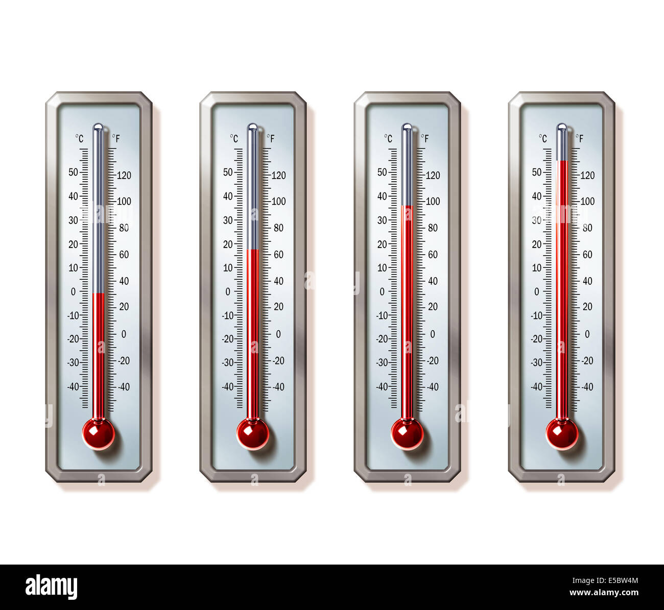 Imagen ilustrativa de los termómetros que muestra el aumento de las temperaturas sobre fondo blanco que representa el calentamiento global Foto de stock