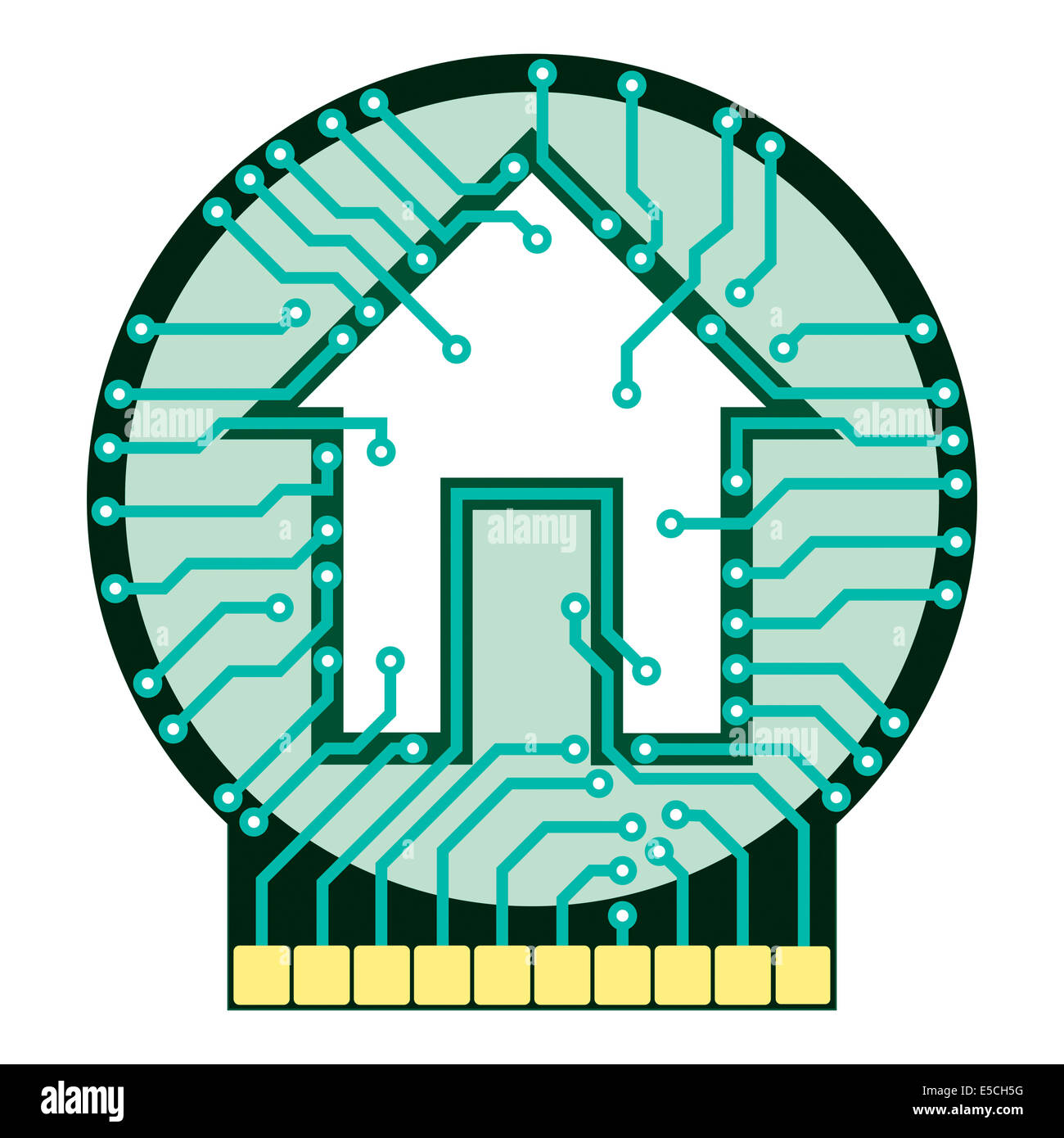 Símbolo de hogar conectado Ilustración conceptual. Placa de circuito con símbolo de casa aislado sobre fondo blanco. Ilustración vectorial Foto de stock