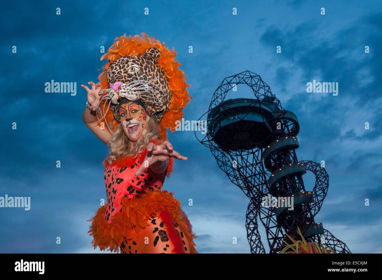 Stratford, Londres, Reino Unido, 27 de julio de 2014. El Gran Carnaval británico celebra el segundo aniversario de la ceremonia de apertura de los Juegos Olímpicos de Londres 2012 así como marca el punto intermedio entre los Juegos Olímpicos de Londres y de Río de Janeiro. El punto culminante fue el Carnaval de los animales finale: con homegrown ejecutantes, locales de carnavales en Newham, Hackney, Tower Hamlets y Waltham Forest, músicos y criaturas carnavalesco iluminada por artistas pirotécnicos desde Gran Bretaña más antigua del carnaval en Bridgwater. Crédito: Stephen Chung/Alamy Live News Foto de stock