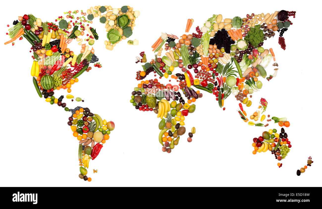 Mapa de frutas y vegetales frescos de todos los continentes del mundo hecho de alimentos producidos en cada país Foto de stock