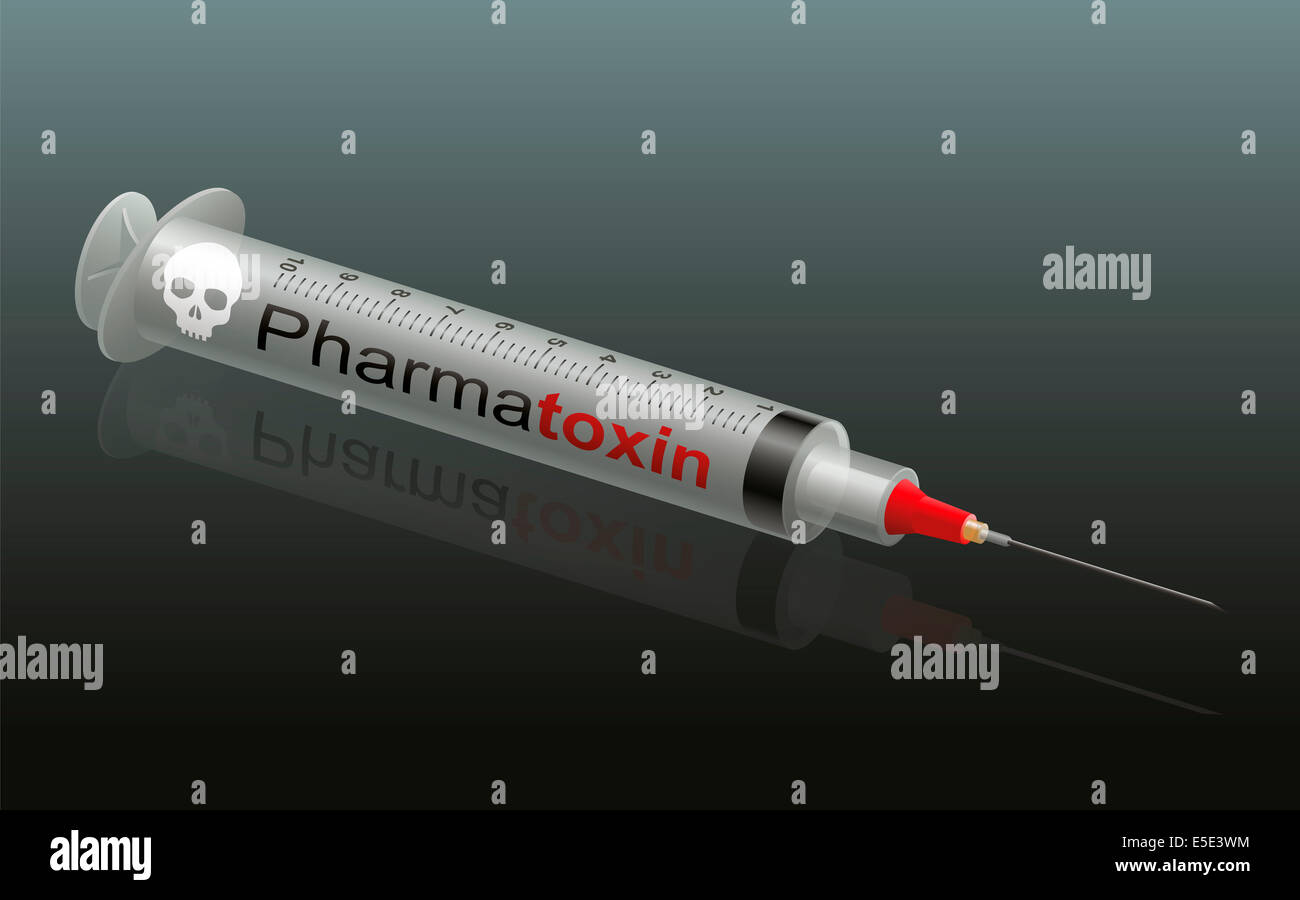 Denominado Pharmatoxin inyección con una calavera como el logotipo de la marca. Es un producto falso médico. Foto de stock