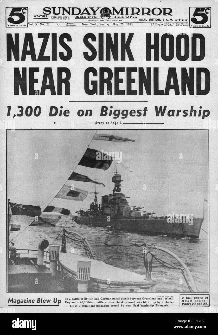 1941 Sunday Mirror (Nueva York) de generación de informes de la página delantera del naufragio de la Royal Navy HMS battlecruiser capó por el acorazado Bismarck Foto de stock