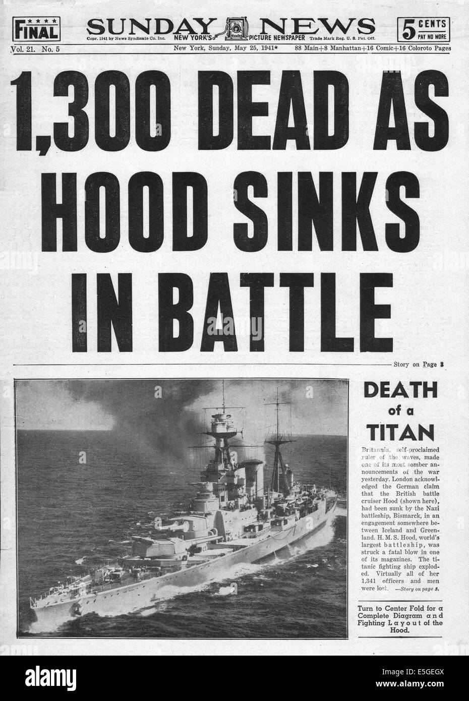 1941 Sunday News (Nueva York) de generación de informes de la página delantera del naufragio de la Royal Navy HMS battlecruiser capó por el acorazado Bismarck Foto de stock
