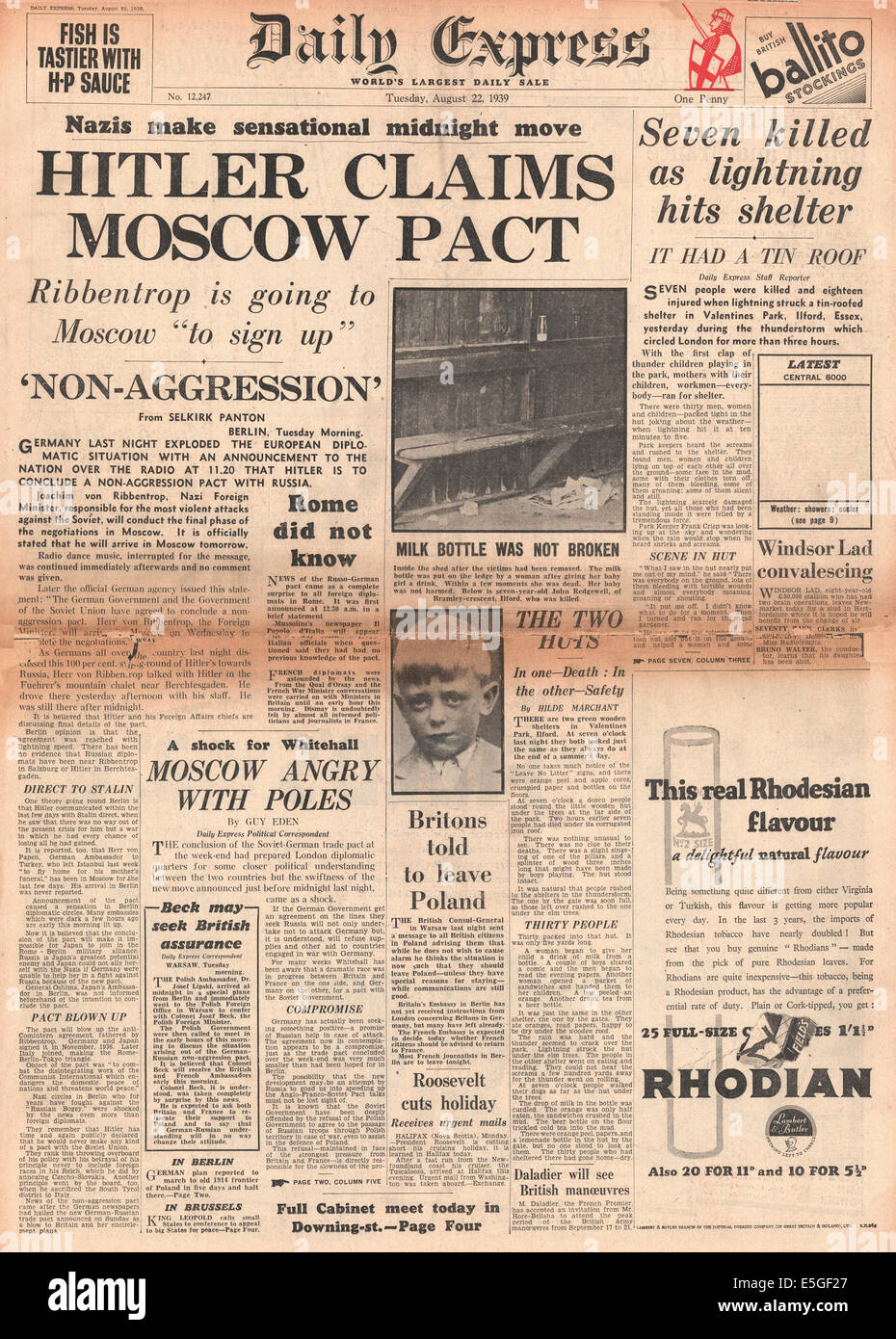 Daily Express 1939 Front page informes del gobierno británico se comprometen a pie por Polonia si son atacados Foto de stock