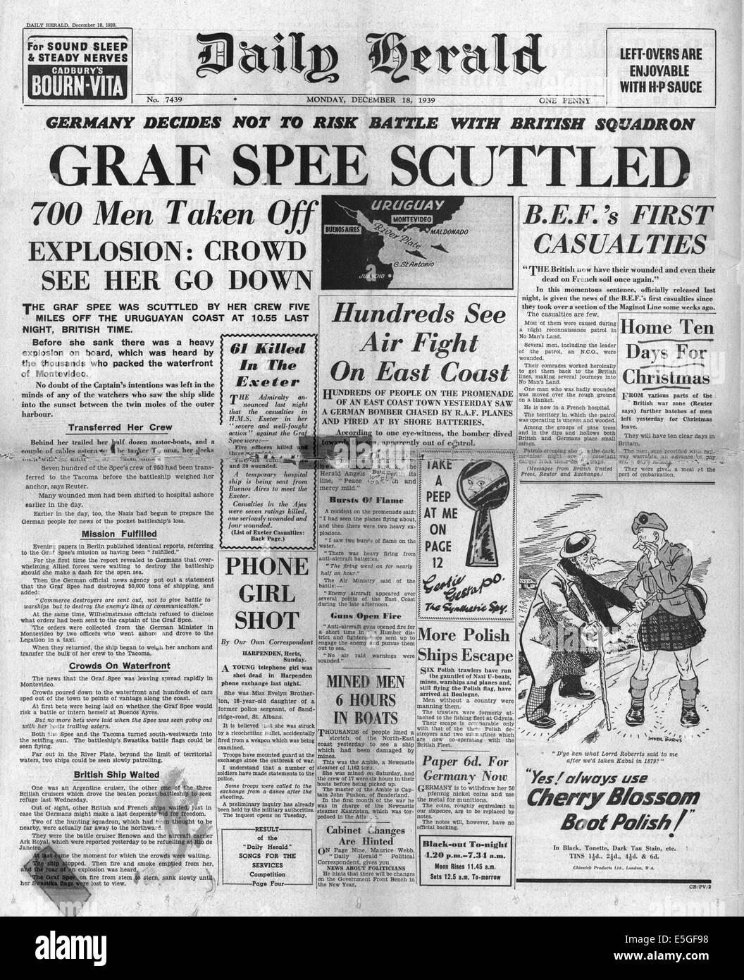 1939 Daily Herald portada informes acorazado de bolsillo alemán Admiral Graf Spee saboteado Foto de stock