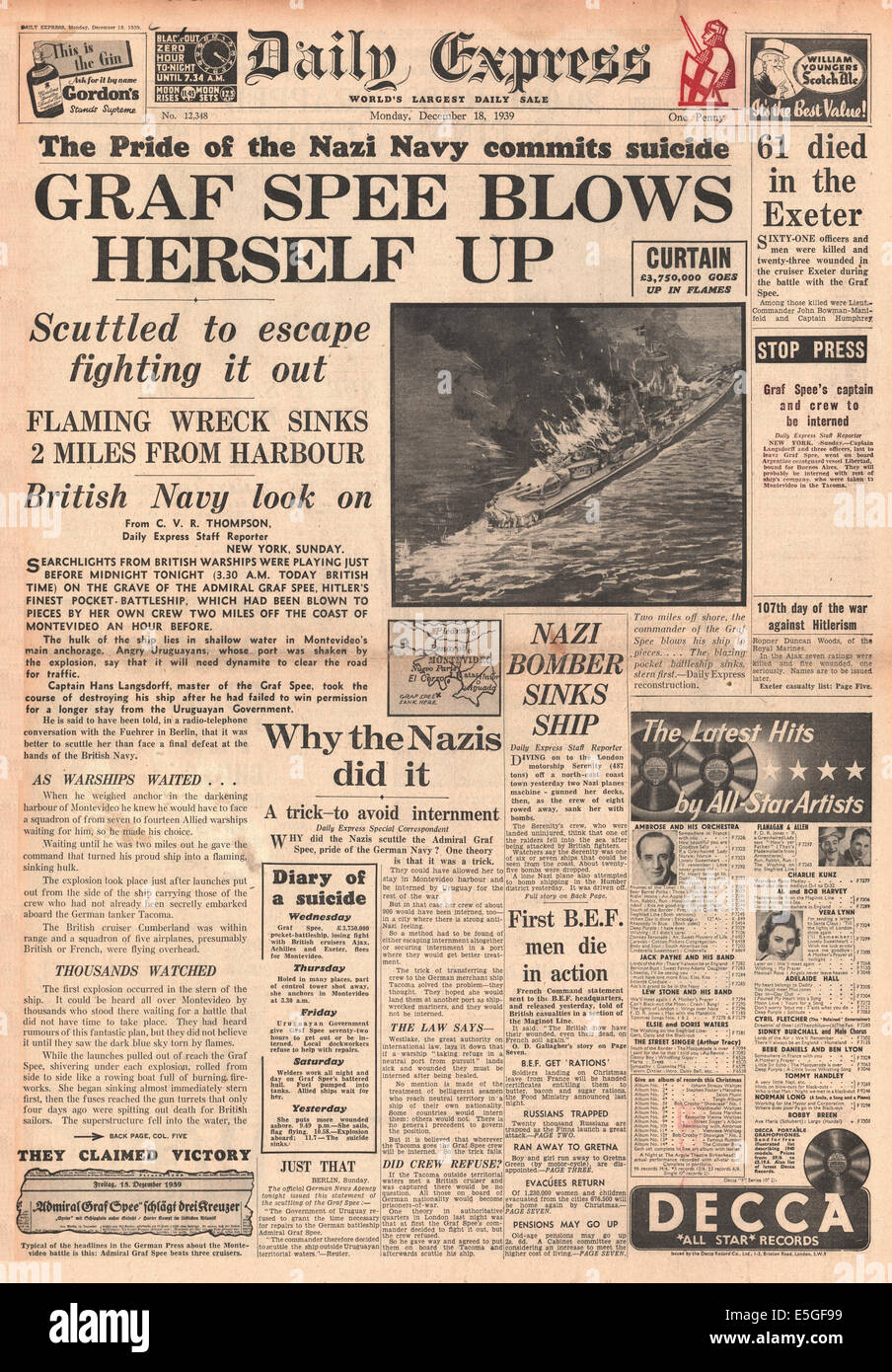 Daily Express 1939 Front page informes acorazado de bolsillo alemán Admiral Graf Spee saboteado Foto de stock