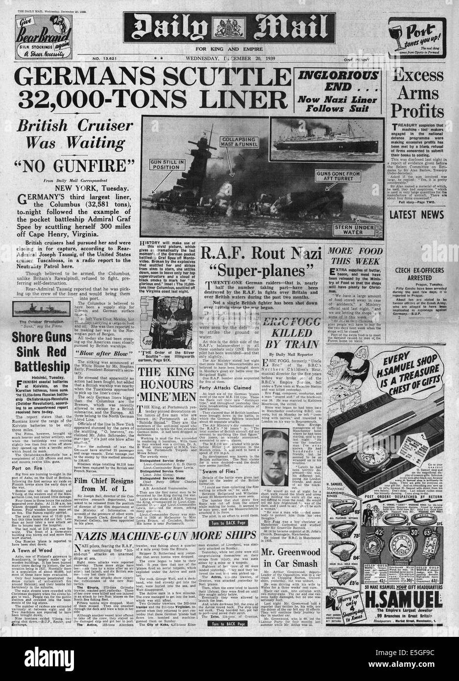 1939 Daily Mail Front page informes acorazado de bolsillo alemán Admiral Graf Spee saboteado Foto de stock