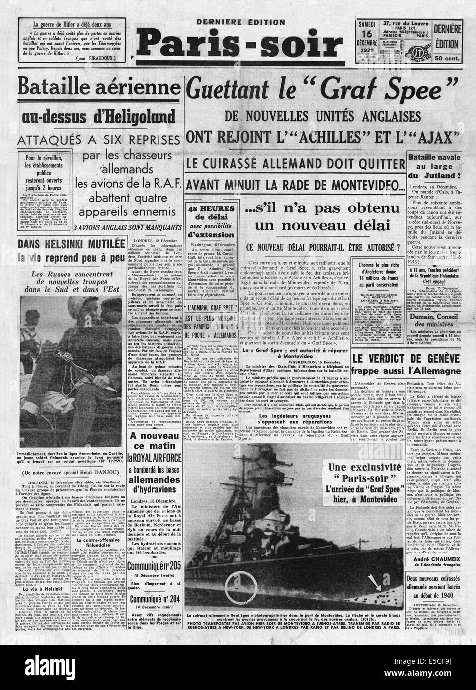 1939 Paris-Soir (Francia) página frontal informes acorazado de bolsillo alemán Admiral Graf Spee y la Batalla del Río de la Plata Foto de stock