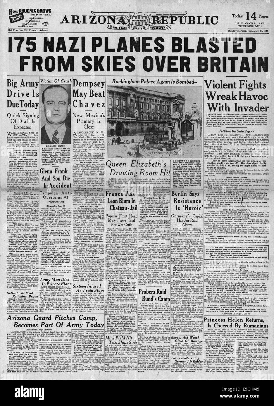 1940 República de Arizona (Estados Unidos) página frontal reporting RAF y Luftwaffe batallas por Londres y Sudeste de Inglaterra Foto de stock