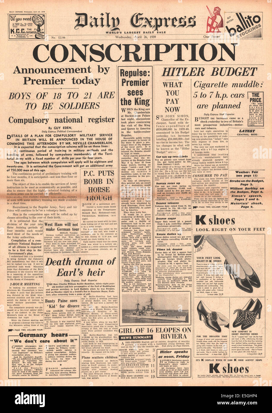 Daily Express 1939 Front page informes del gobierno británico introduce conscripción Foto de stock