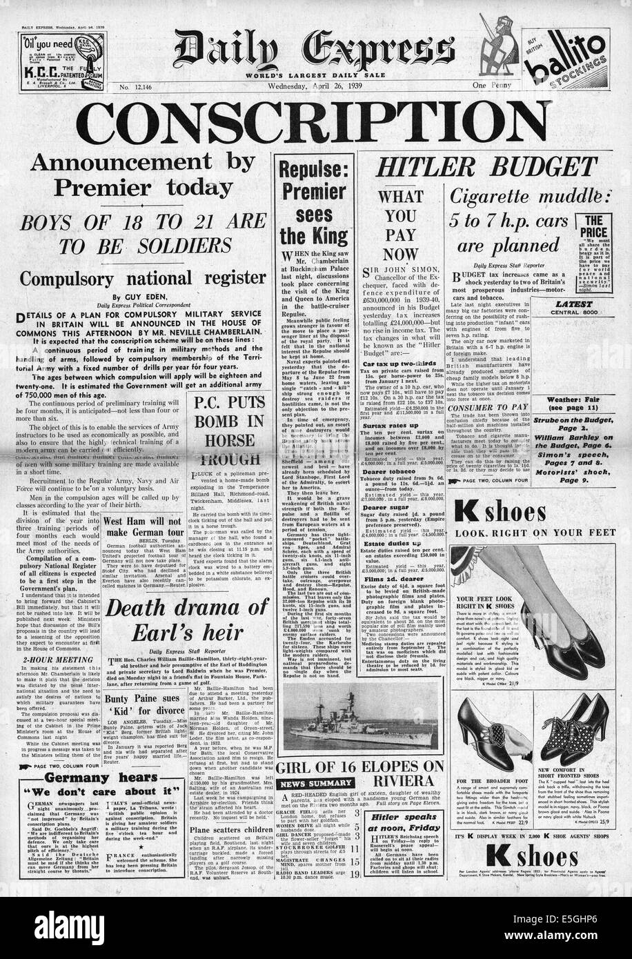 Daily Express 1939 Front page informes del gobierno británico introduce conscripción Foto de stock