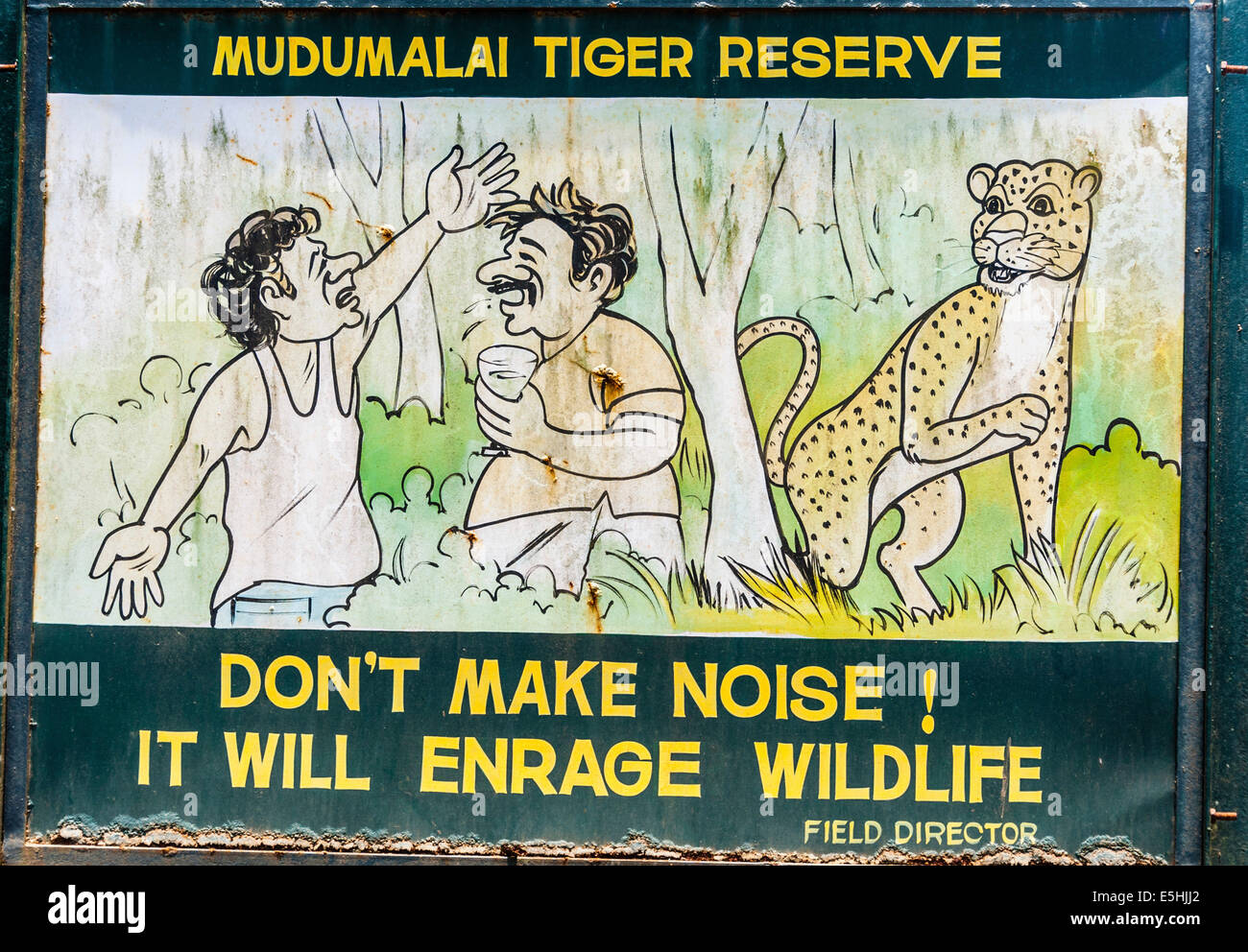 'No hacer ruido!" cartoon signo, Mudumalai Santuario de Vida Silvestre, Tamil Nadu, India Foto de stock