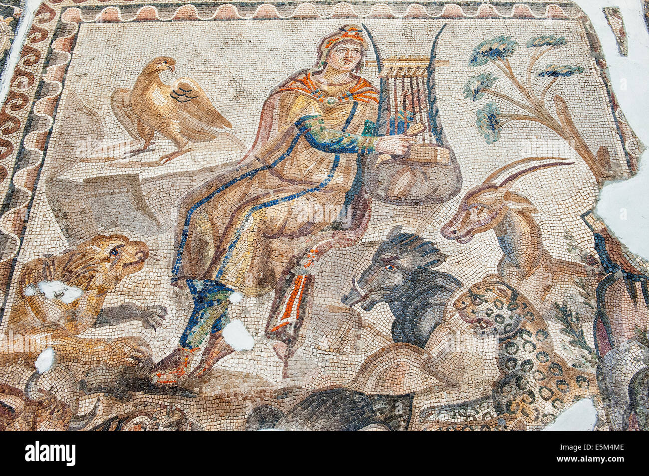 Orfeo tocando una cithara rodeado de animales, mosaico de Tarso, 3% A.C., Museo de Arqueología de Hatay, Antioquía, Turquía Foto de stock