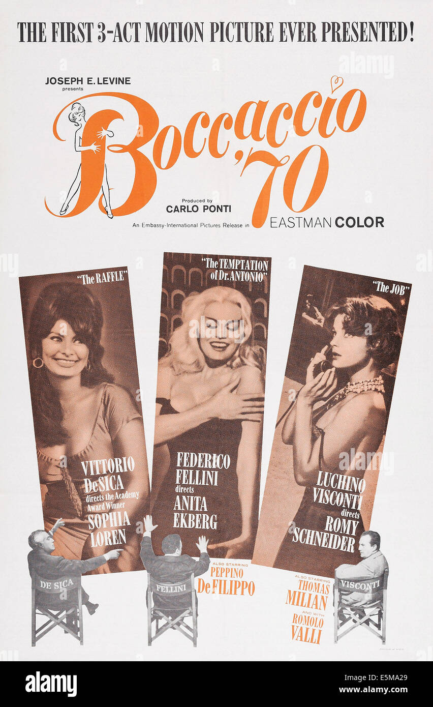 BOCCACCIO '70, comienzo l-r: Sophia Loren, Anita Ekberg, Romy Schneider, inferior l-r: Vittorio DeSica, Federico Fellini, Luchino Foto de stock